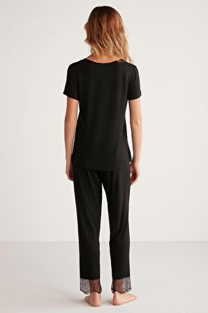 Kadın Kısa Kol Dantelli Siyah  Pijama Takımı C6T5N4O9