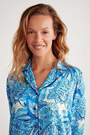 Kadın Uzun Kol Önden Düğmeli Mavi Pijama Takım C4T3N6O9