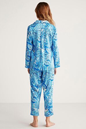 Kadın Uzun Kol Önden Düğmeli Mavi Pijama Takım C4T3N6O9