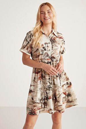 Kadın Kısa Kol Desenli Yeşil  Elbise C4T4N6O9