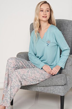 Kadın Büyük Beden Uzun Kol Mint Pijama Takımı C8T0N6O1