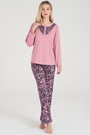 Kadın Büyük Beden Uzun Kol Pembe Pijama Takımı C3T2N6O1