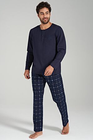 Erkek Uzun Kol Lacivert %100 Pamuk Pijama Takımı C9T8N6O1