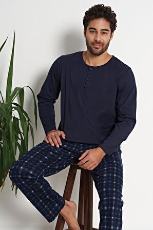 Erkek Uzun Kol Lacivert %100 Pamuk Pijama Takımı C9T8N6O1