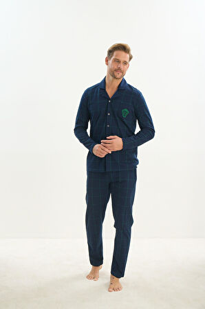Erkek Uzun Kol Gömlek Yaka Önden Düğmeli Lacivert Pijama Takım C2T1N5O9
