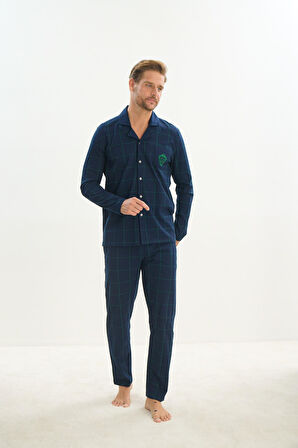 Erkek Uzun Kol Gömlek Yaka Önden Düğmeli Lacivert Pijama Takım C2T1N5O9