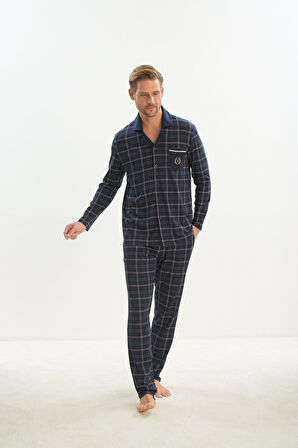 Erkek Uzun Kol Gömlek Yaka Önden Düğmeli Lacivert Pijama Takım C5T3N5O9