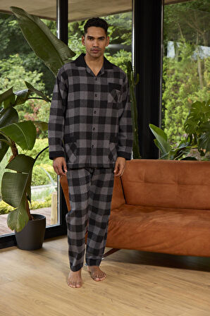 Erkek Uzun Kol Apaj Yaka Siyah Pijama Takımı C8T3N0O4