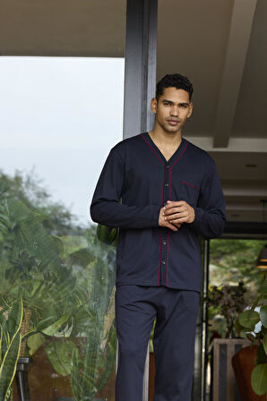 Erkek Uzun Kol V Yaka Önden Düğmeli Lacivert Pijama Takımı C4T3N0O6