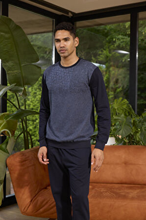 Erkek Uzun Kol O Yaka İndigo Pijama Takımı C0T5N0O8