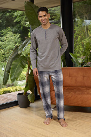 Erkek Uzun Kol Midi Yaka Antrasit Pijama Takımı C6T5N0O8