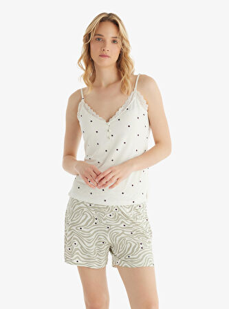 Kadın Ring Viskoz İnce Askılı Şortlu Krem Pijama Takımı C8T5N8O15