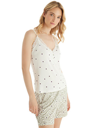 Kadın Ring Viskoz İnce Askılı Şortlu Krem Pijama Takımı C8T5N8O15