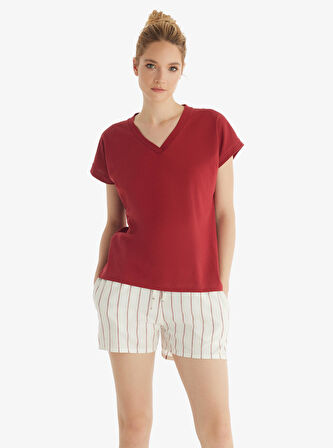 Kadın Kısa Kol Şortlu Bordo Pijama Takımı 60553-59