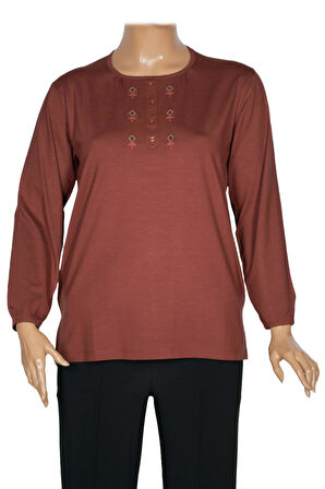 Cimariva Kadın Neşe Büyük Beden O Yaka Robası Nakışlı Taba Bluz