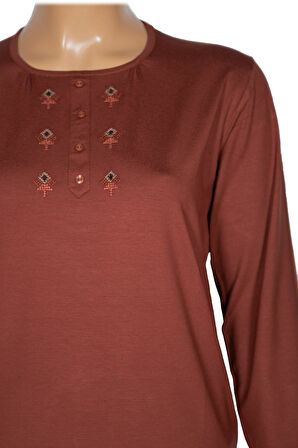 Cimariva Kadın Neşe Büyük Beden O Yaka Robası Nakışlı Taba Bluz