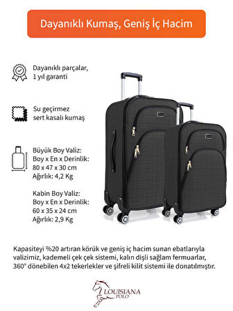 Gedox Büyük ve Kabin Boy Valiz Seti 4 Teker Kumaş Valiz Antrasit 1081