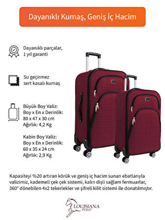 Gedox Büyük ve Kabin Boy Valiz Seti 4 Teker Kumaş Valiz Bordo 1081