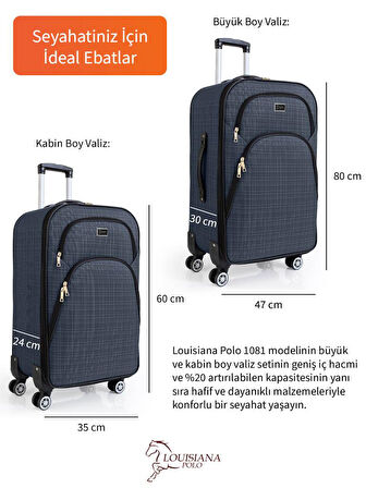 Gedox Büyük ve Kabin Boy Valiz Seti 4 Teker Kumaş Valiz Lacivert 1081