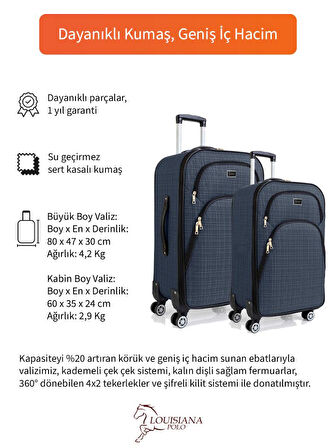 Gedox Büyük ve Kabin Boy Valiz Seti 4 Teker Kumaş Valiz Lacivert 1081