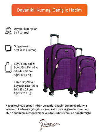 Gedox Büyük ve Kabin Boy Valiz Seti 4 Teker Kumaş Valiz Mor 1081