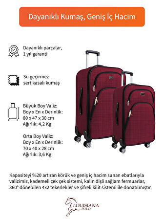 Gedox Büyük ve Orta Boy Valiz Seti 4 Teker Kumaş Valiz Bordo 1081