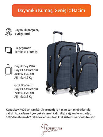 Gedox Büyük ve Orta Boy Valiz Seti 4 Teker Kumaş Valiz Lacivert 1081
