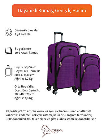 Gedox Büyük ve Orta Boy Valiz Seti 4 Teker Kumaş Valiz Mor 1081
