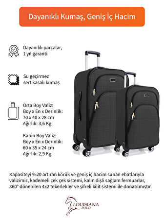 Gedox Orta ve Kabin Boy Valiz Seti 4 Teker Kumaş Valiz Antrasit 1081