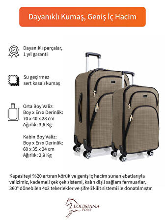 Gedox Orta ve Kabin Boy Valiz Seti 4 Teker Kumaş Valiz Bej 1081