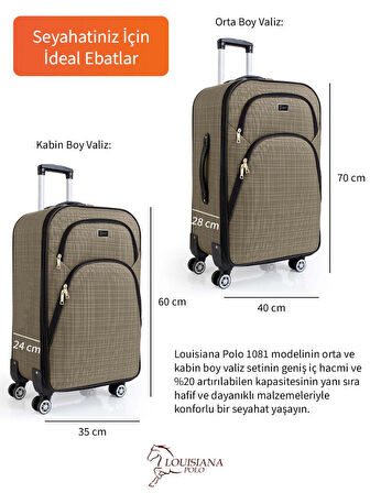 Gedox Orta ve Kabin Boy Valiz Seti 4 Teker Kumaş Valiz Bej 1081