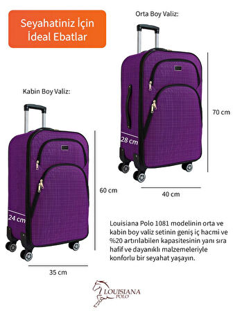 Gedox Orta ve Kabin Boy Valiz Seti 4 Teker Kumaş Valiz Mor 1081