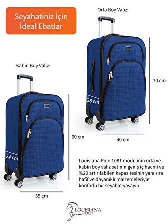 Gedox Orta ve Kabin Boy Valiz Seti 4 Teker Kumaş Valiz Saks Mavi 1081