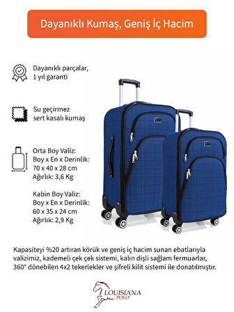 Gedox Orta ve Kabin Boy Valiz Seti 4 Teker Kumaş Valiz Saks Mavi 1081