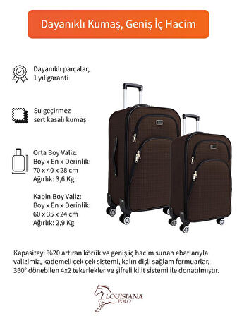 Gedox Orta ve Kabin Boy Valiz Seti 4 Teker Kumaş Valiz Kahve 1081