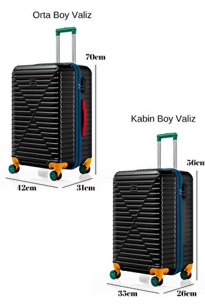 Orta Ve Kabin Boy 2'li Valiz Seti %100 Polikarbon Valiz 4x2 Teker Siyah 1088