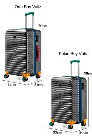 Orta Ve Kabin Boy 2'li Valiz Seti %100 Polikarbon Valiz 4x2 Teker Antrasit 1088