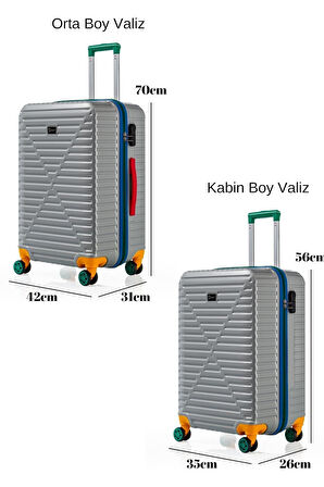 Orta Ve Kabin Boy 2'li Valiz Seti %100 Polikarbon Valiz 4x2 Teker Gri 1088