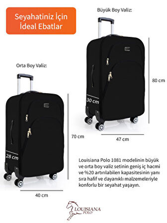 Büyük ve Orta Boy Valiz Seti 4 Teker Kumaş Valiz Siyah 1081