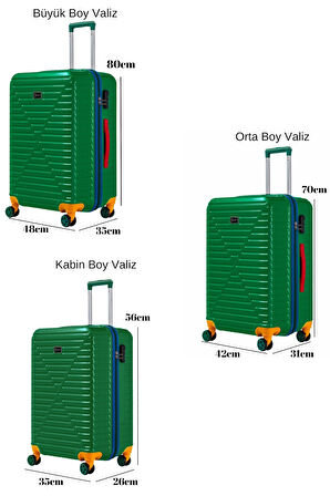 3'lü Valiz Seti %100 Polikarbon Valiz 4x2 Teker Yeşil 1088