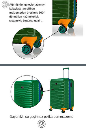 Orta Ve Kabin Boy 2'li Valiz Seti %100 Polikarbon Valiz 4x2 Teker Yeşil 1088