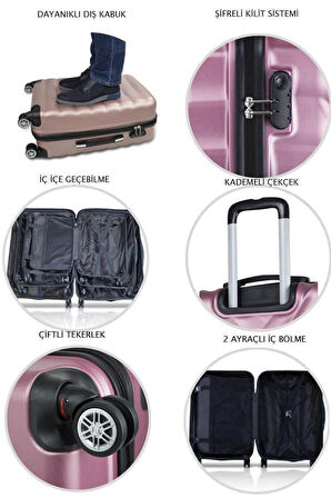 3'lü Valiz Seti ABS Valiz 4x2 Teker Gri 1451