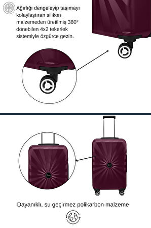 Büyük Boy %100 Polikarbon Valiz 4x2 Teker Bordo 1809
