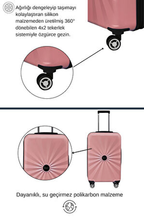 3'lü Valiz Seti Polikarbon Valiz 4x2 Teker Rose 1809