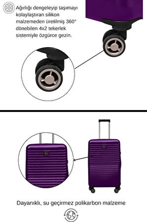 3'lü Valiz Seti Polikarbon Valiz 4x2 Teker Mor 1811