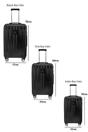 3'lü Valiz Seti Polikarbon Valiz 4x2 Teker Parlak Siyah 1810