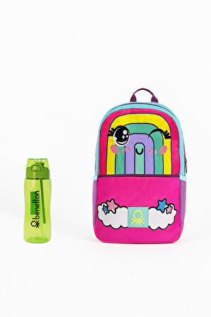 Benetton Gökkuşağı Desenli Okul Seti(İlkokul Çantası, Yeşil Matara)