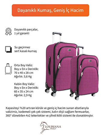 Orta ve Kabin Boy Valiz Seti 4 Teker Kumaş Valiz Pembe 1081