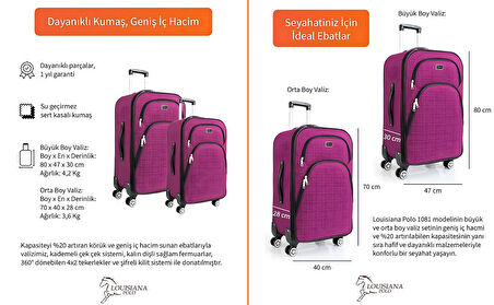 Büyük ve Orta Boy Valiz Seti 4 Teker Kumaş Valiz Pembe 1081