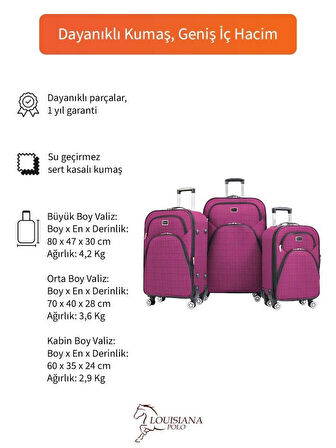 3'lü Valiz Seti 4 Teker Kumaş Valiz Pembe 1081